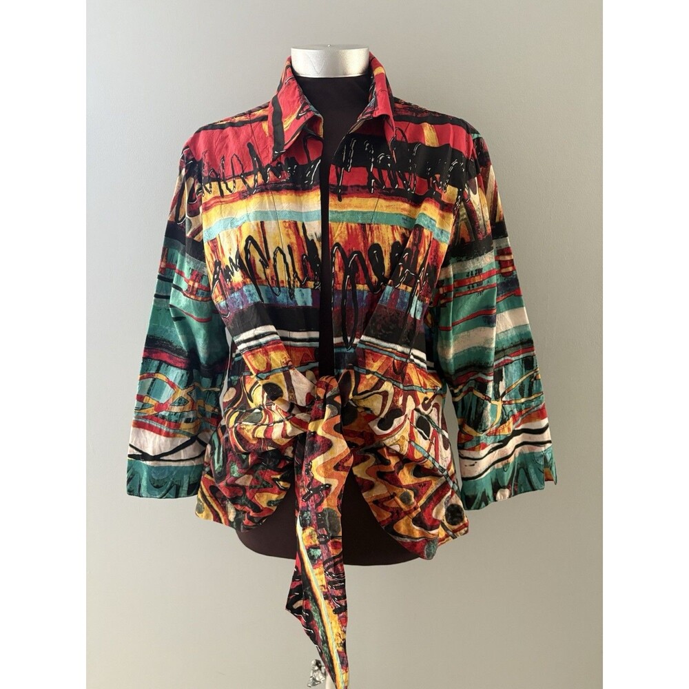 Mishca Tie-Front Jacket Top Blouse XL Art to Wear Artsy Geometric Southwestern
